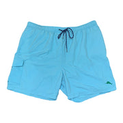 Men's solid blue swim shorts with elastic waistband and pockets, mid-thigh length, by Tommy Bahama.