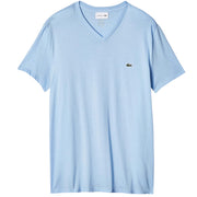 Flat lay front of Lacoste light blue V-neck T-Shirt with signature crocodile logo