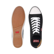 Levi's black sneakers – top and sole view showing white toe cap and gum rubber outsole