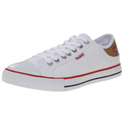 Angled side view of Levi's white canvas sneakers with red stripe and rubber sole for everyday wear