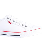 Side profile of Levi's white canvas sneakers featuring red trim, metal eyelets, and classic low-top design