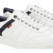 Close-up of Levi's white sneaker showing black detail and Levi's side logo tag, men's fashion footwear