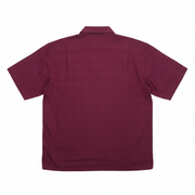 Back view of a maroon silk-blend short-sleeve button-down shirt with a relaxed fit and subtle vertical stripe pattern.