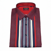 Nat Nest maroon silk-cotton blend short-sleeve shirt with a vertical striped front panel and relaxed fit.