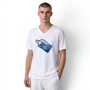 white cotton V-neck t-shirt with a blue bottle graphic print worn by a male model