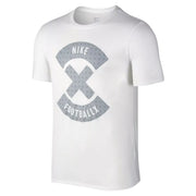 Angled front view of Nike white FootballX T-shirt showing bold grey graphic with Nike branding