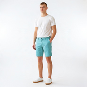 North Coast men's slim fit turquoise cotton chino shorts with button closure and belt loops.