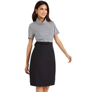 Styli black houndstooth pencil dress front view with short sleeves, belted waist, and cowl neck