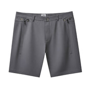 The Discount District dark brown cotton chino shorts with zip-up pockets, belt loops, and button closure.