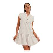 The Discount District off-white linen mini dress with a collared neckline, button front, and flowy skirt.