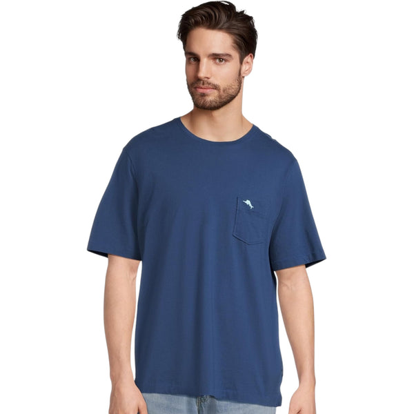 Close-up front view of Tommy Bahama men's navy blue T-shirt with signature dolphin logo on pocket