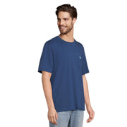 Side angle view of Tommy Bahama navy blue men's T-shirt with short sleeves and classic pocket