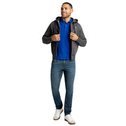 US Polo Assn. royal blue polo shirt styled under grey zip-up hoodie - casual outfit