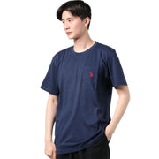 Men’s navy cotton T-Shirt by US Polo Assn. with relaxed fit and red logo, shown in angled view on model