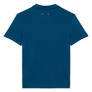 Back flat lay view of Vilebrequin blue polo shirt with clean finish and dual eyelets at upper back