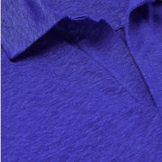 Close-up of the open collar on men’s blue linen polo shirt by Vilebrequin