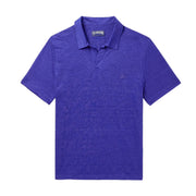 Men’s blue linen polo shirt by Vilebrequin with open collar and embroidered logo, shown flat lay